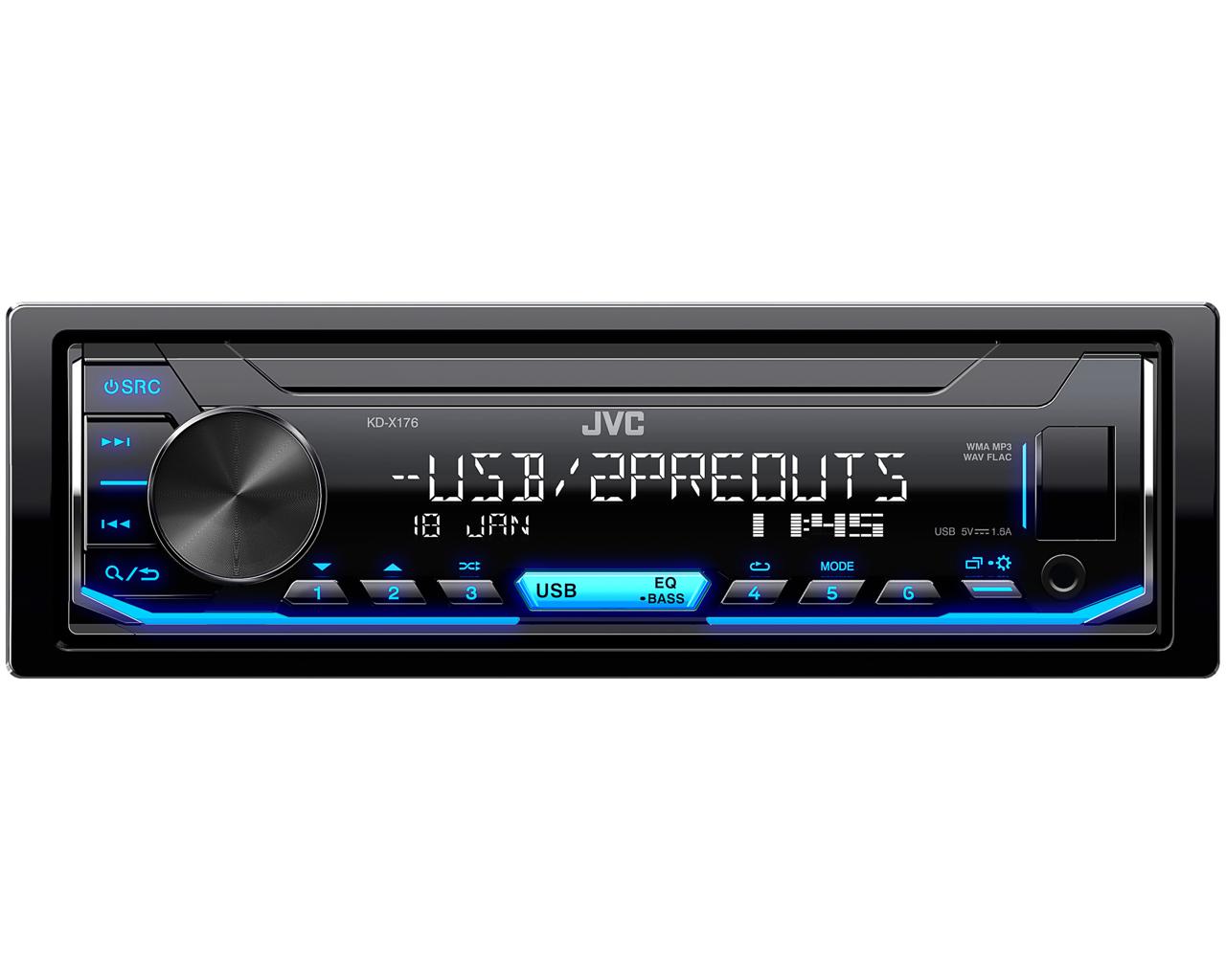 Автомагнитола MP3/FLAC/USB/Android/2RCA с изменяемой подсветкой кнопок и без CD-привода JVC KD-X176
